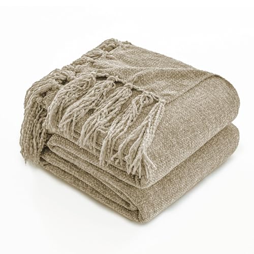 Simple&Opulence Soft Chenille Throw Blanket 50'' x 60'' - Cozy Fluffy Blanket with Fringe Tassel, Farmhouse Boho Blankets for Couch Bed Office Chair Gift Home Decor All Season Use, Khaki - color: Khaki