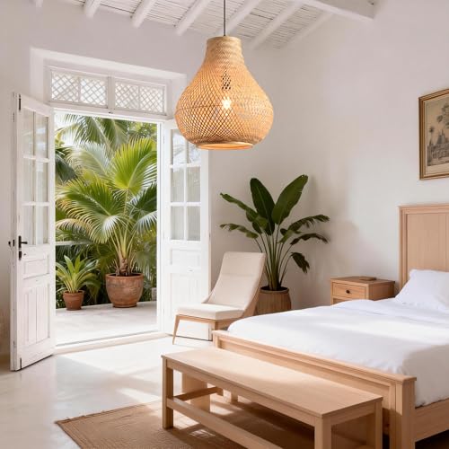 Farmhouse Pendant Light, 15" Hand-Woven Rattan Chandelier, Boho Natural Woven Ceiling Light for Kitchen Island Dining Room Bedroom, Rustic Hanging Light Fixture with Adjustable Cord, E26 Base - color: D3055