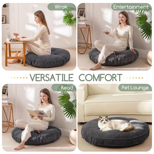 HIGOGOGO 35" Floor Pillow Cushion for Adults, Meditation Cushion Pillow, Extra Large Square Floor Sitting, Tufted Corduroy Cover for Tatami Living Room or Yoga, Dark Grey - color: Dark Grey, size: 4" Thick Round