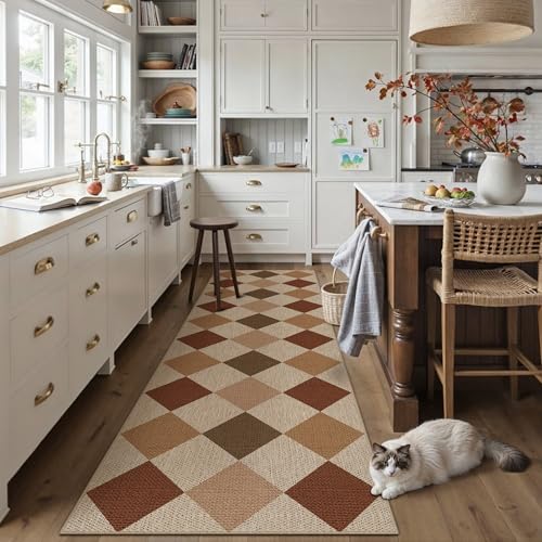 PureCozy 2x8 Checkered Easy Jute Runner Rug Non Slip Hallway Kitchen Washable Outdoor Rug for Entryway Indoor Checkerboard Brown-Beige Long Indoor Outdoor Carpet for Bedside Entry Front Door Porch - color: Multi Brown|checkerboard-1, size: 2' x 8' (Runner