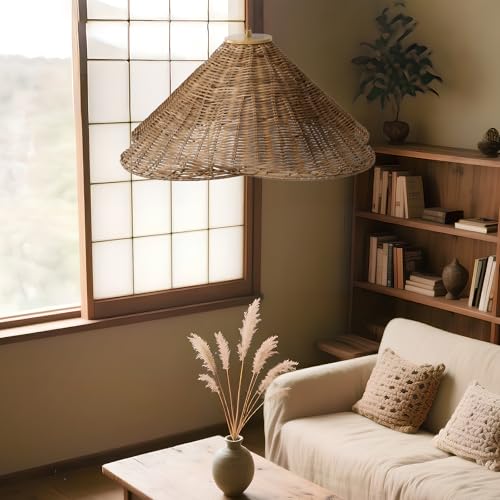 19” Rattan Chandelier Light Fixture, Boho Chandeliers Hand Woven Wicker Pendant Light, Vintage Chandelier for Dining Room, Rustic Hanging Lighting for Kitchen Island, Foyer - size: 19 inch