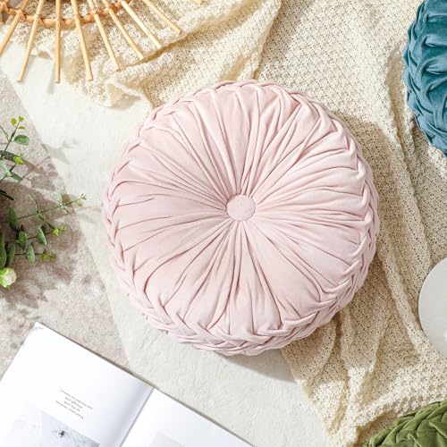 Drydiet 1 Pcs Round Throw Velvet Pillows Decorative Pleated Throw Pillows Diameter Accent Pumpkin Boho Chair Cushion for Couch Sofa Home Decoration (Pink,15'') - color: Pink, size: 15''