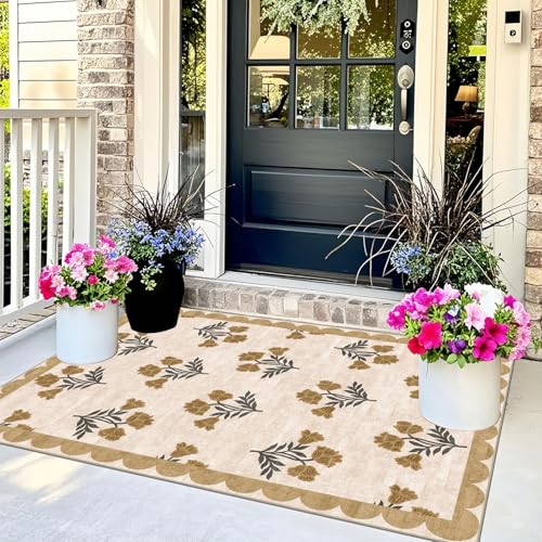 3x5 Floral Entry Rug - Small Washable Indoor Outdoor Mats for Front Door Non-Slip Porch Rug Beige Vintage Farmhouse Throw Rugs for Living Room Bedroom Entryway Kitchen Office Porch Decor - color: Flower - Beige, size: 3' x 5' (Rectangular)