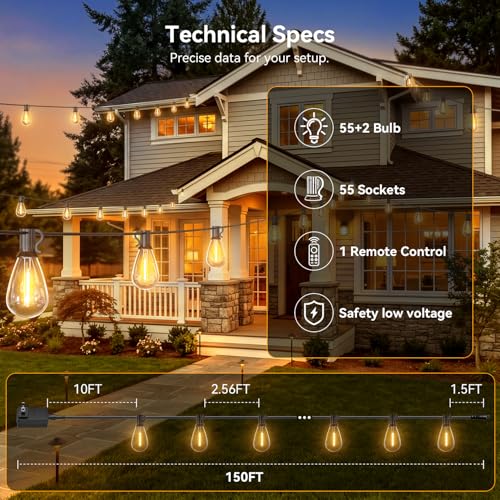 150FT Patio String Lights Outdoor, 55+2 LED Shatterproof Bulbs with Remote & Timer, 2700K Dimmable Waterproof Hanging Decor for Backyard, Garden, Porch, Balcony, Wedding Party Lighting - color: Warm White-2700K, size: 150FT+Remote