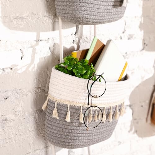 SiliFine Over the Door Hanging Basket Boho Woven Wall Hanging Baskets 3-Tier Cotton Wall Mounted Storage Organizer Bag Macrame Decorative for Kitchen Laundry Room Stairs(Gray, White) - color: Gray, White