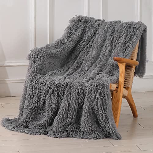 Tuddrom Decorative Extra Soft Faux Fur Throw Blanket 50"x60",Solid Lightweight Fuzzy Reversible Long Hair Shaggy Blanket,Fluffy Cozy Plush Mink Fleece Comfy Microfiber Blanket for Couch Sofa Bed, Grey - color: Gray, size: Throw-50" x 60"