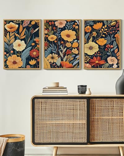 Drsoum Vintage Flower Wall Art Framed Retro Bohemian Boho Colorful Floral Plant Rustic Artwork Nature Botanical Wildflower Prints Bedroom Living Room Ready to Hang 12x16in Natural Framed - color: Botanical Flower, size: 16L" x 12W", Natural Framed
