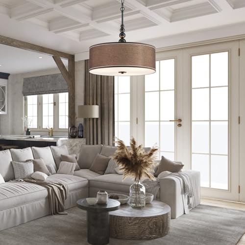 Shrine Lighting Drum Chandeliers, Farmhouse Style, Perfect Drum Pendant Light for Dining Room, D21'' x H8'', Adjustable Chains 59'', E26*3 Sockets, Brown Linen Fabric Lampshade & Black Rod - color: Brown&Black D20''