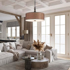 Shrine Lighting Drum Chandeliers, Farmhouse Style, Perfect Drum Pendant Light for Dining Room, D21'' x H8'', Adjustable Chains 59'', E26*3 Sockets, Brown Linen Fabric Lampshade & Black Rod - color: Brown&Black D20''
