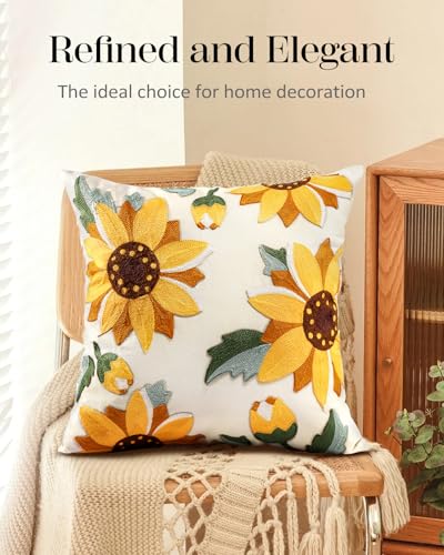 Embroidered Throw Pillow Cover - 18x18 Decorative Pillow Cover with Zipper Aesthetic Cute Design Boho Spring Summer Throw Pillowcase for Living Room Couch Sofa Bed, Sunflower - color: Sunflower, size: 18" x 18" (Pack of 1)