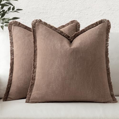 MIULEE Decorative Throw Pillow Covers Neutral Linen Fringe Throw Pillows Set of 2 Dark Coffee Boho Farmhouse Cushion Covers with Tassels for Couch Sofa Bed Living Room Spring Home Decor 18x18 Inch - color: Dark Coffee, size: 18" x 18" (Pack of 2)