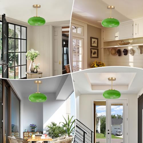 Green Glass Ceiling Light - Mid Century Modern Semi Flush Mount with Green Dome Glass Shade and Gold Brass Finish - Vintage Hallway Light Fixture Hallway Dining Room Kitchen Sink - color: Green