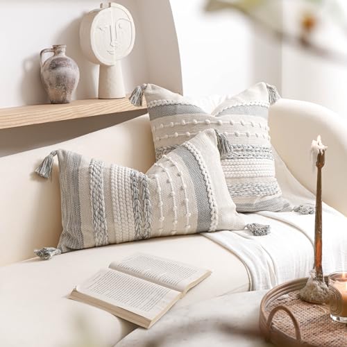 BlissBlush Gray Boho Decorative Throw Pillow Cover 18x18 Square Farmhouse Accent Cushion for Couch Sofa Livingroom Bedroom Pillowcase Modern Home Décor (Pack of 1) - color: Gray White, size: 18" x 18" (Pack of 1)