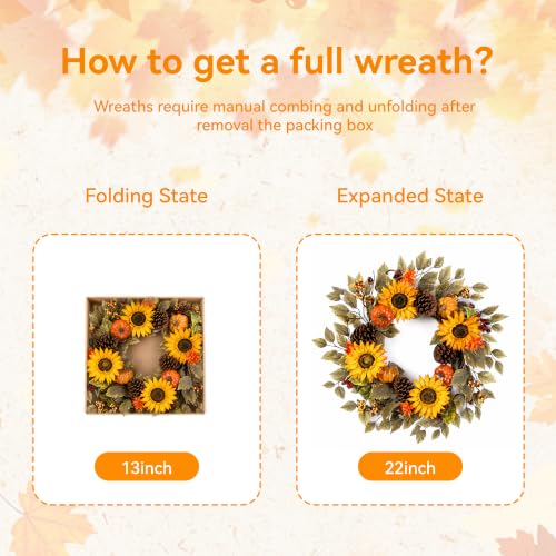 20" Fall Wreath Front Door Pumpkin Sunflower Pine Cones Artificial Wall Decor Farmhouse Autumn Wreath Thanksgiving Home Porch Outdoor Indoor Holiday Harvest Decor - color: Brown, size: 20''