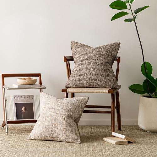 a moment Khaki Reversible Pillow Covers 2 Pack - Farmhouse Chenille Throw Pillows, Neutral Textured Decorative Throw Pillow Covers with Border for Couch Sofa Bed (18x18 Inch, No Insert) - color: Khaki, size: 18" x 18" (Pack of 2)