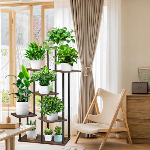 7 Tier Plant Stand Indoor, Thickened Metal Wood Corner Plant Shelf Stands for Multiple Plants, Indoor Tall Plants Stand Tiered Flower Holder for Living Room Patio Garden Balcony(Black+Oak) - color: Black+Oak, size: 7 Tier