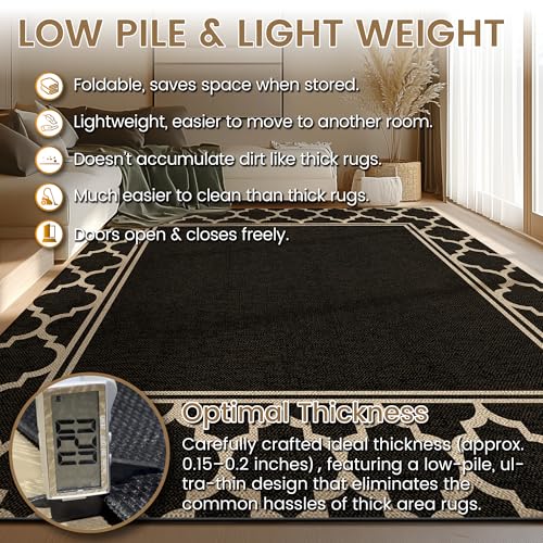 Washable Moroccan Easy Jute Rug, 5x7 Neutral Outdoor Indoor Patio Farmhouse Large Bordered Rugs, Woven Thin Non Slip Carpet Mat for Livingroom Bedroom Classroom Backyard Kids Nursery Play Room - color: Moroccan Black, size: 5' x 7'