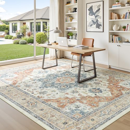 9x12 Rug for Living Room - Large Vintage Farmhouse Eclectic Medallion Carpet, Washable Low Pile Non-Slip Area Rug for Dining Under Table, Bedroom Under Bed,Office, Neutra Beige and Orange - color: Beige Orange, size: 9' x 12' (Rectangular)