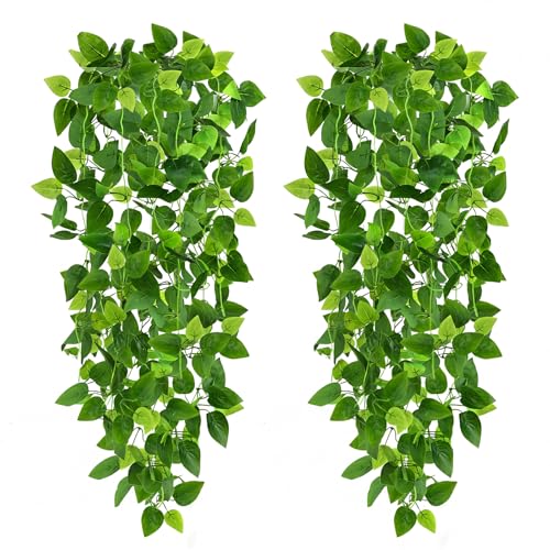 CEWOR 2pcs Fake Hanging Plants for Room Decor, 3.6ft Artificial Ivy Pothos Vine for Wall Living Room Patio Indoor Outdoor Home Shelf Office Decor (No Baskets)