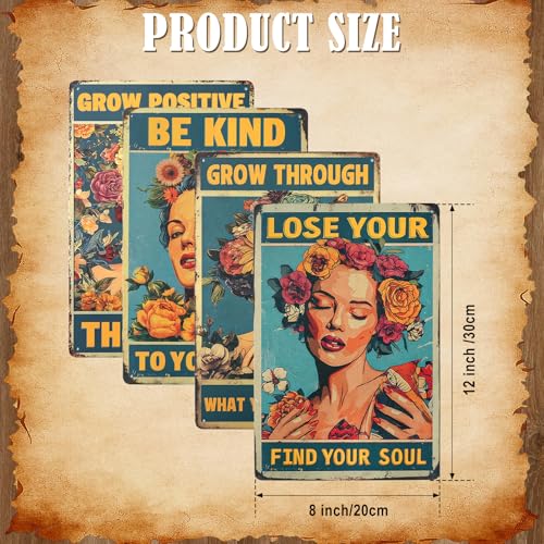 4PCS Vintage Tin Metal Sign, Boho Inspirational Wall Art Signs Decor, Hippie Metal Poster Retro Signs for Gifts Women Office Bedroom Kitchen Living Room Cafes Bar Public 8x12 Inch (Tin Sign06) - color: Tin Sign06
