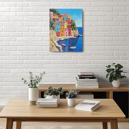 Italian Town Square Wall Art, Colorful Cityscape Canvas Framed Prints Modern Decorations Summer Aesthetic Poster for Living Room Kitchen Farmhouse Dining Room 11.5x15 Inch - color: Multi 1384