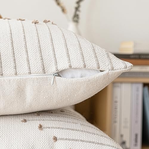 LILEPOY Boho Throw Pillow Covers 20x20 Set of 2 Neutral Decorative Textured Cushion Case Farmhouse Pillowcase Modern Square Pillow Covers for Sofa,Couch, Living Room,Beige and Khaki - color: Beige and Khaki, size: 20" x 20" (Pack of 2)