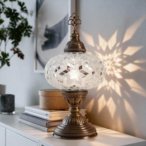 Turkish Lamp, Mosaic Table Lamp, Antique Moroccan Decorative Glass Bohemian Vintage Lamp Shade, Small Desk Tiffany Bedside Stained Glass Lamp with US Plug and E12 Socket - color: White-47
