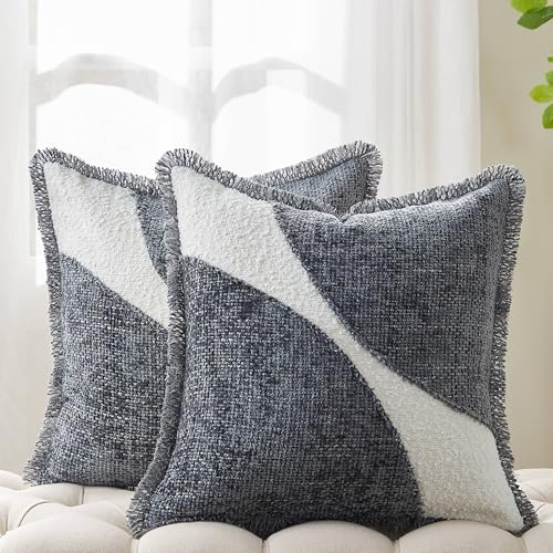 Decorative Boucle Fringe Throw Pillow Covers Set of 2, 18x18 Inch Design Couch Throw Pillows for Sofa Bed Living Room Decor (Dark Grey, 18"X18" (Pack of 2)) - color: Dark Grey