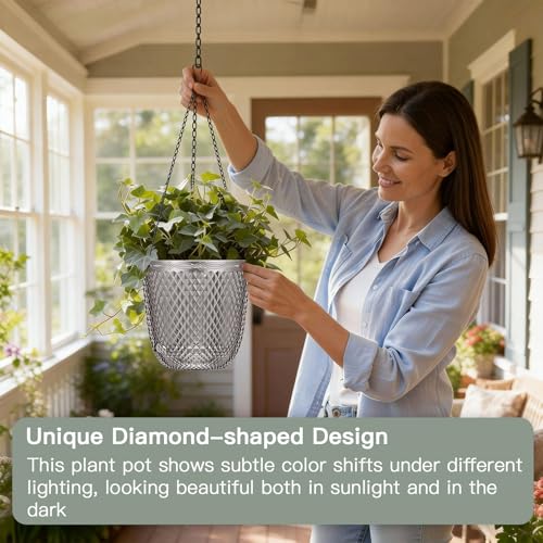 QCQHDU Hanging Planters for Indoor Plants, 2-Pack, 7.2 Inch, Gray | Plastic, Self Watering Plant Hanger, with Drainage Holes, 3 Hooks Chains, For Garden Home - color: Gray, size: 7.2in