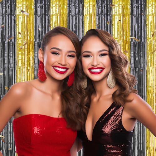 DECOCKRAT 3 Pack Foil Fringe Backdrop - Black&Gold Shiny Tinsel Curtains for Party Decoration/Photo Booth Props - 3.3x8.2 FT Metallic Foil Backdrop for Birthday, Wedding, Graduation, Christmas. - color: Black&Gold