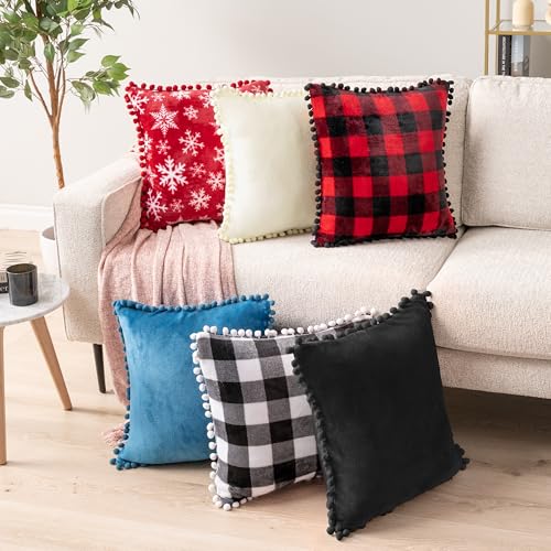 PAVILIA Black Throw Pillow Covers with Pom Pom 18x18 Set of 2, Decorative Pillow Cases for Bedroom Aesthetic, Small Throw Pillows Set for Bed, Velvet Euro Plush Cushion Covers for Sofa Couch - color: Black, size: 18" x 18" (Pack of 2)