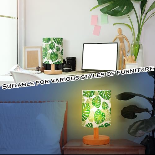 VIHOSE Jungle Animal Table Lamp Bedside Table Lamp Monstera Palm Leaves Vintage Nightstand Light with Linen Fabric Shade Solid Wood Base Decoration for Living Room Bedroom Desk Dorm - style: Palm Leaves