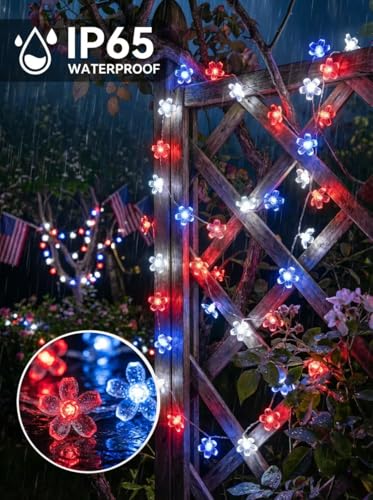 July 4th Independence Day Battery Operated Indoor String Lights 30LED Red Blue White Cherry Blossom Flower Fairy Lights Waterproof Outdoor for Memorial Day Celebration Decoration - color: Red Blue White