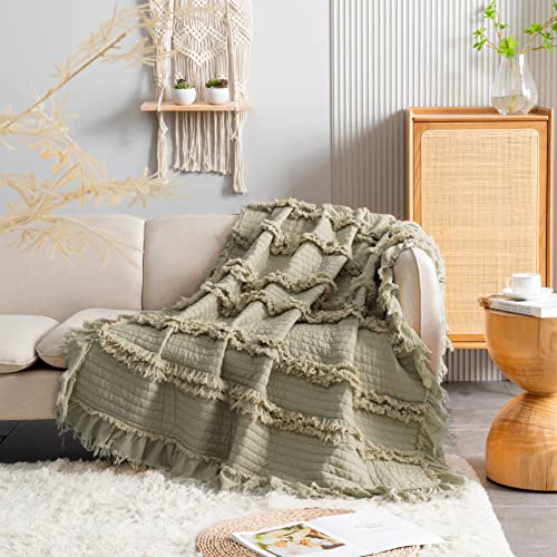 Ultra Soft Pre-Washed Quilted Throw Blanket, Ruffle Fringed Olive Green Decorative Throw, Sage Green Stone Washed Chic Rustic Blanket for Sofa Couch Bed, 50"x 60" - color: Green, size: 50"x60"