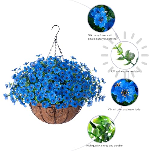 HyeFlora Artificial Fake Hanging Plants Flowers with Basket Outdoor Decor Faux Silk Daisy Flower Arrangements in Pot Planter for Porch Home Indoor Patio Garden Yard Decoration, Blue - color: Blue