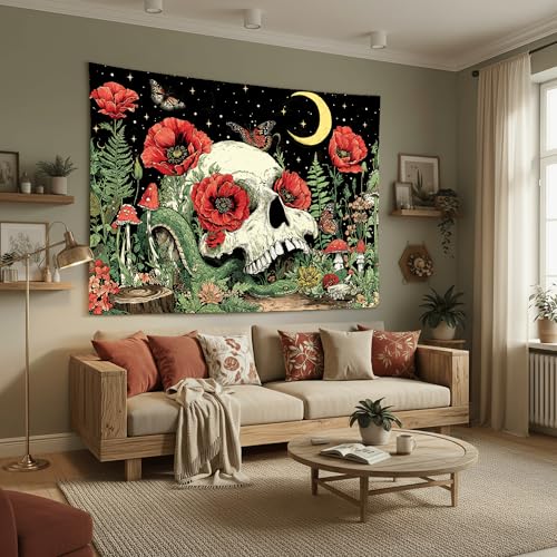 Accnicc Floral Skull Tapestry Vintage Flower Gothic Skeleton Tapestries Wall Hanging Mushroom Butterfly Plant Snake Horror Large Tapestry for Bedroom Living Room Dorm 80 x 60 inch - color: Red Green, size: 80"L x 60"W
