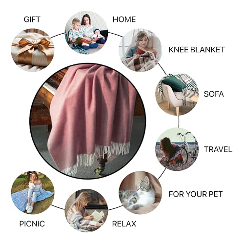 | Wool Blanket/Throw | 100% New Zealand Wool | Perfect for Home and Outdoors | Virgin Wool Throw with Fringes 55"x79"(140 x 200 cm) - color: Cherry Blossom Pink, size: Twin