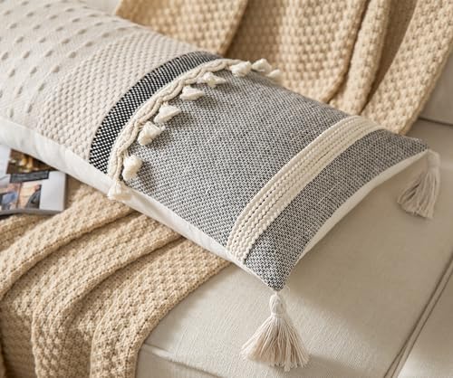 Caflife Boho Lumbar Throw Pillow Cover 14X36 Long Decorative Pillows for Bed, Black Beige Woven Body Pillow Cover for Farmhouse Chair Sofa Bedroom Living Room Home Decor Couch Cushion Case, Pack of 1 - color: Black Beige, size: 36" x 14" (Pack of 1)