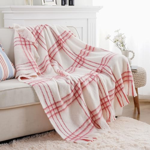 Battilo Cream Plaid Throw Blanket for Couch Bed, Farmhouse Mohair Blankets Throws, Soft Cashmere Tartan Plaid Throws, Red Christmas Stripe Throw Blankets for Home Decor(50"x60") - color: Red Stripe