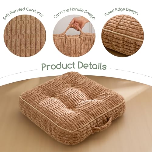 HIGOGOGO Floor Pillow Cushion for Adults, Meditation Cushion Pillow, Blended Corduroy Cover, Large Square Floor Sitting for Tatami Living Room or Yoga, 22x22 Inch, Coffee - color: Square Coffee, size: 4" Thick(Pack of 1)