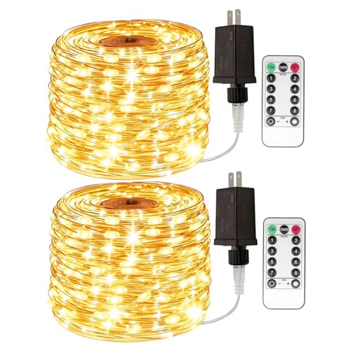 2 Pack Plug in Fairy Lights 100FT 300 LED Waterproof Silver Wire LED Twinkle String Lights with Remote for Living Room Bedroom Patio Porch Garden Christmas Tree Wedding - color: Warm White, size: 2 Pack 100FT