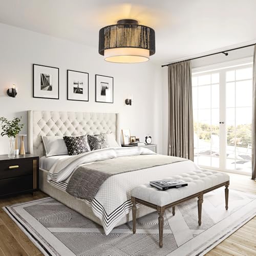 SineRise 12'' Rattan Flush Mount Ceiling Light Fixture,2-Tier Drum Hand-Woven Boho Flush Mount Ceiling Light,Farmhouse Light Fixture for Living Room,Kitchen,Bedroom Foyer Entryway ect.（Black） - color: Black, size: Small Ceiling