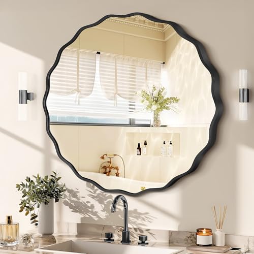Gold Round Mirror for Wall, 32"x32" Decorative Wavy Bathroom Mirror with Brushed Alloy Steel Frame & Shatter-Proof Glass, Hanging Circle Wall Mirrors for Bathroom, Entryway (Black, Large) - color: Black, size: Large