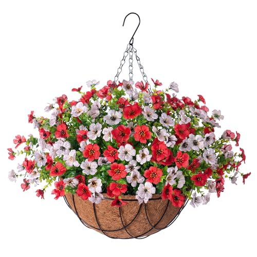 Artificial Silk Flowers Hanging Baskets Outdoors Indoors,Daisy with Eucalyptus Leaves Arrangement for Garden Yard Spring Summer Decor,Faux Green Plant in Metal Coconut Lining Flowerpot(Red and White) - color: Red and White