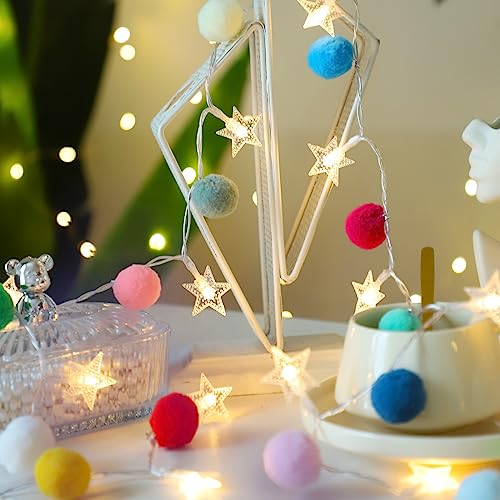 ChiRee Indoor String Lights 6.56 Feet Pom Poms Star Lights 20 LED Battery Operated String Fairy Lights Warm White Star Lights Colorful Decor Lights for Home Bedroom Kids Playhouse Holiday Christmas - style: Star-Colorful