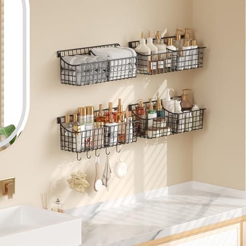 4 Pack EXTRA LARGE Hanging Wall Mount Storage Baskets With Divider, Metal Wire Basket With 4 Strong Adhesive Hooks +5 S Hooks,Organizing Wall Shelf for Home Kitchen Bathroom Pantry Garage RV, Black - size: 16.14''L x 6.06''Wx 5.91'' H- With Divider-4Pack