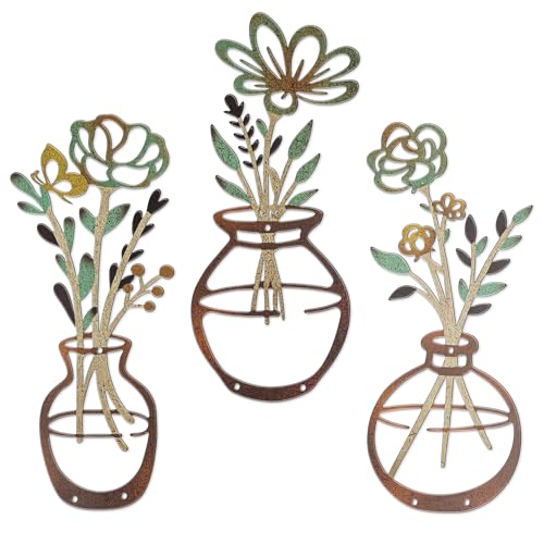 Mcdagogn 3 Pieces Metal Flowers Wall Decor - Rustic Farmhouse Wall Arts, Boho floral Minimalist Wall Decor for Living room Bathroom Bedroom laundry Room Kitchen Office - Housewarming Gifts - color: Brown-Green