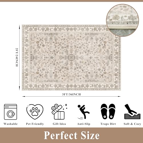 2x3 Non-Slip Washable Kitchen Rug – Boho Small Accent Rug for Sink & Entryway, Soft Low Pile Thin Carpet for Pet Area & Bathroom, Indoor Door Mat (Beige,2x3) - color: Beige, size: 2' x 3' (Rectangular)