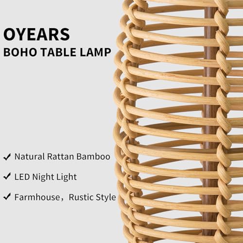 OYEARS 28" Table Lamps Set of 2 with Dual Night Lights, Bedside Lamps for Bedroom, Boho Lamp for Living Room, Rattan Table Lamp with Linen Shade, Farmhouse Lamp with Wood Grain Finish (Bulb Included) - color: Antique Brown