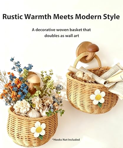 2 Pack Wall Hanging Rattan Baskets, Hand-Woven Storage Basket, Small Wall Hanging Baskets for Kitchen, Washable Decorative Basket, Potato Garlic Onion Storage Baskets, with Daisy Decor - style: With Daisy Décor